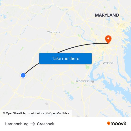 Harrisonburg to Greenbelt map