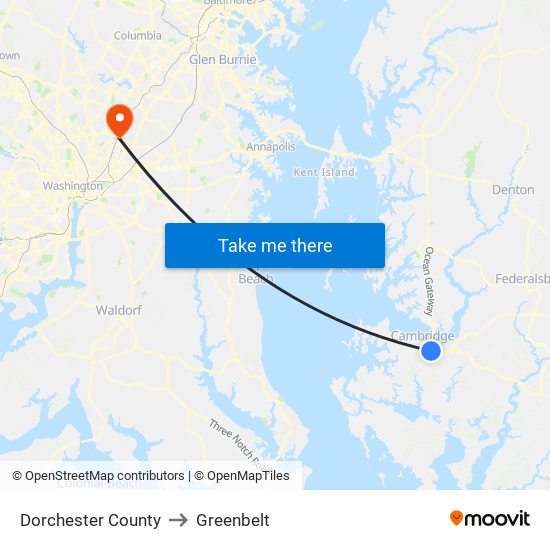 Dorchester County to Greenbelt map