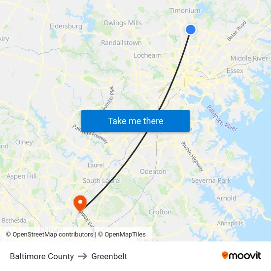 Baltimore County to Greenbelt map
