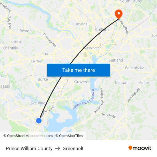 Prince William County to Greenbelt map