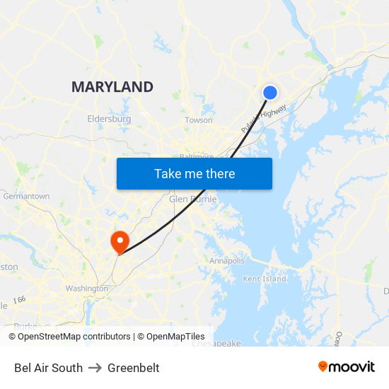 Bel Air South to Greenbelt map