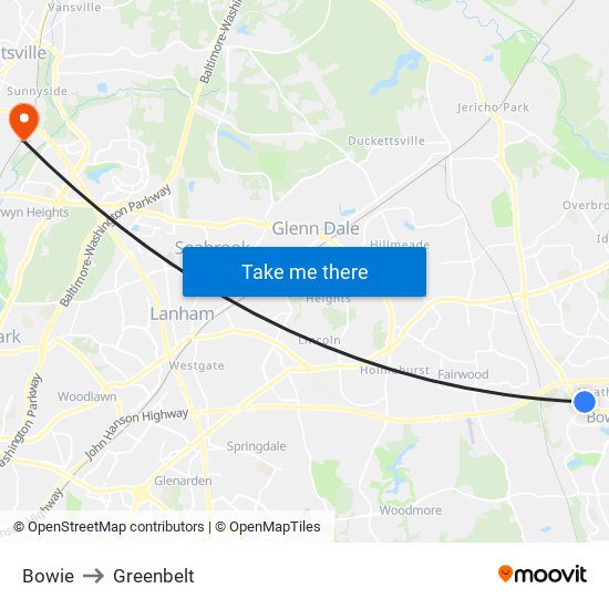 Bowie to Greenbelt map