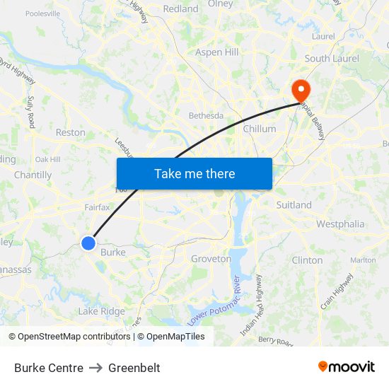 Burke Centre to Greenbelt map