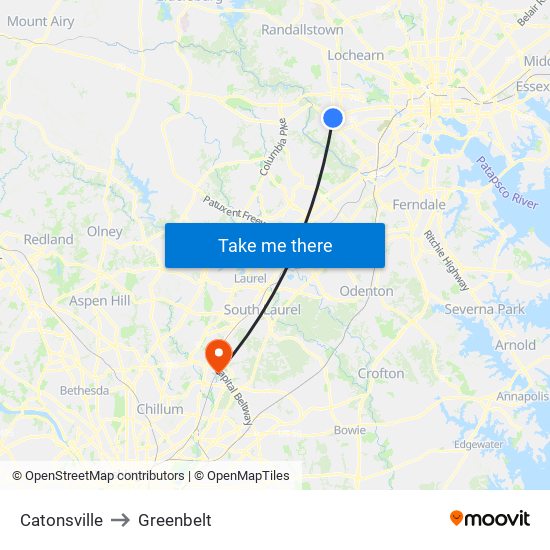 Catonsville to Greenbelt map