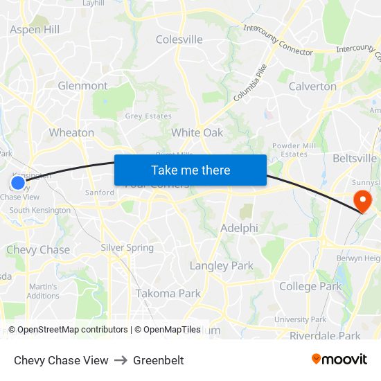 Chevy Chase View to Greenbelt map