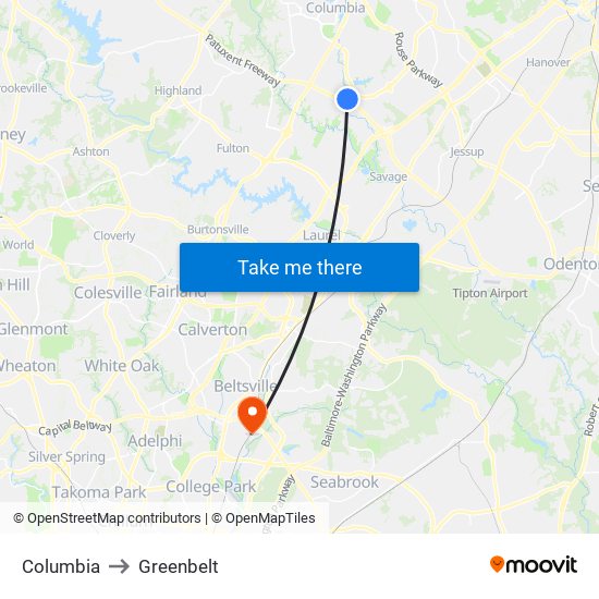 Columbia to Greenbelt map