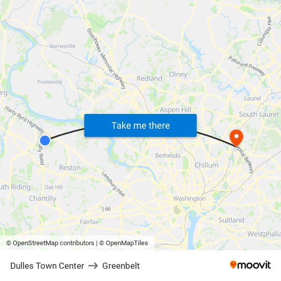 Dulles Town Center to Greenbelt map