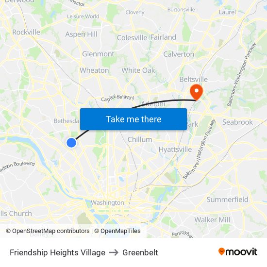 Friendship Heights Village to Greenbelt map