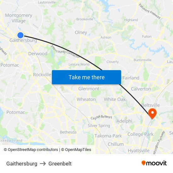 Gaithersburg to Greenbelt map
