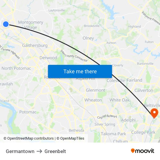 Germantown to Greenbelt map