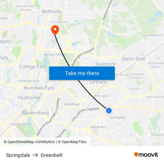 Springdale to Greenbelt map