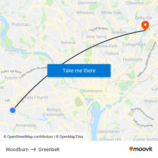 Woodburn to Greenbelt map