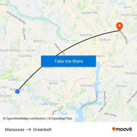 Manassas to Greenbelt map