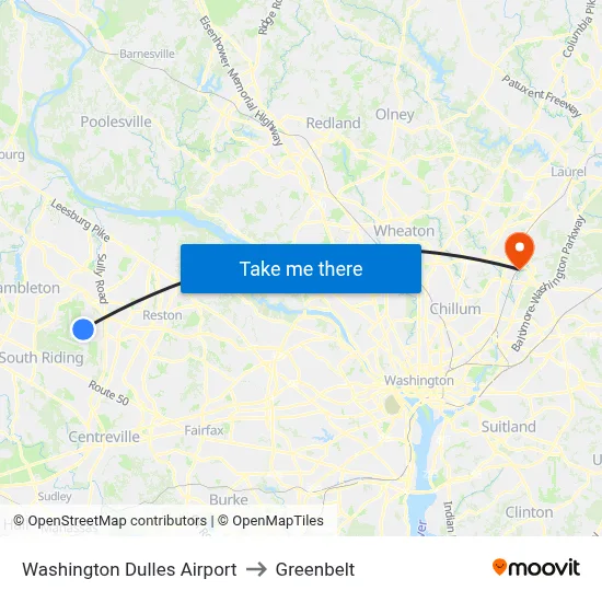 Washington Dulles Airport to Greenbelt map