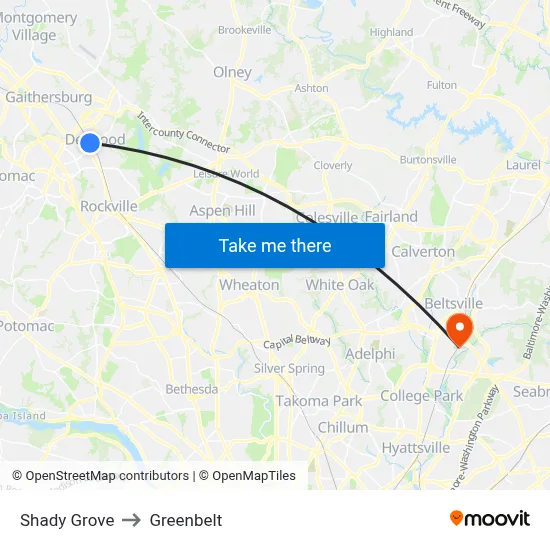 Shady Grove to Greenbelt map