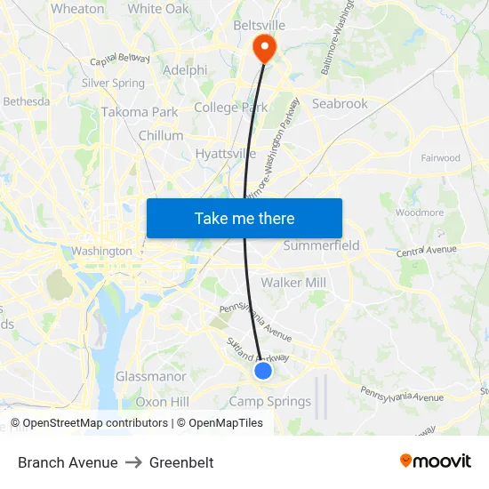 Branch Avenue to Greenbelt map