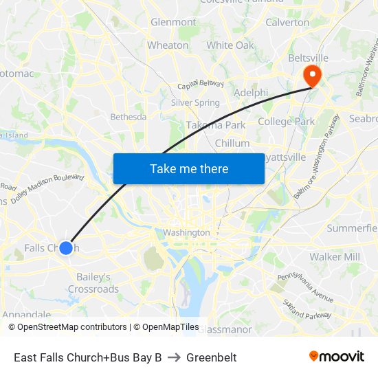 East Falls Church+Bay B to Greenbelt map