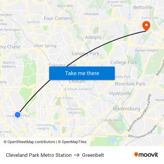 Cleveland Park Metro Station to Greenbelt map