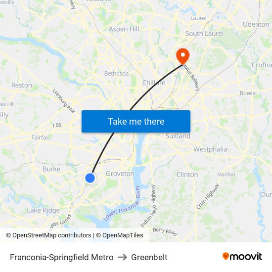 Franconia-Springfield Metro to Greenbelt map