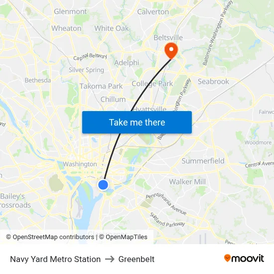 Navy Yard Metro Station to Greenbelt map