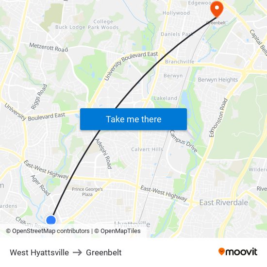 West Hyattsville to Greenbelt map