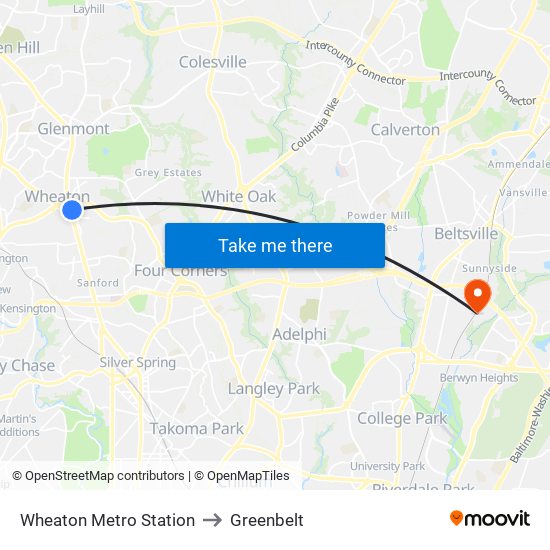 Wheaton Metro Station to Greenbelt map