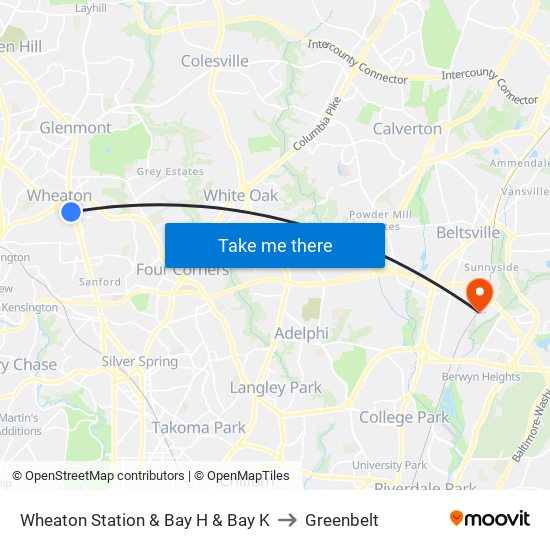 Wheaton Station  & Bay H & Bay K to Greenbelt map