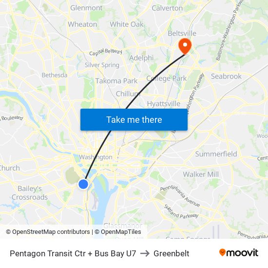 Pentagon Transit Ctr + Bus Bay U7 to Greenbelt map