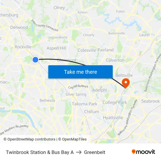 Twinbrook Station & Bus Bay A to Greenbelt map