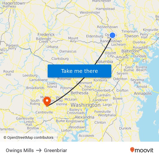 Owings Mills to Greenbriar map