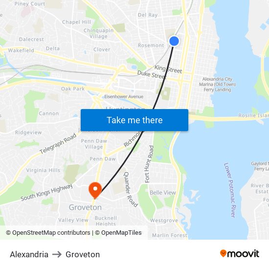 Alexandria to Groveton map