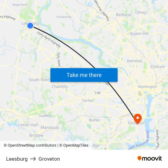 Leesburg to Groveton map