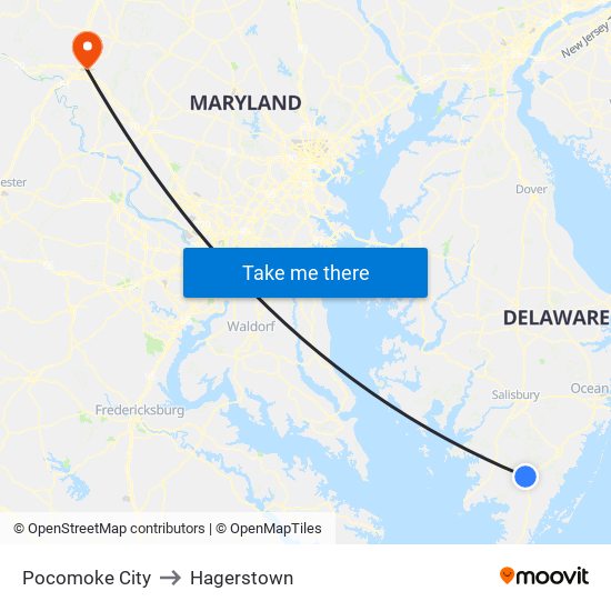 Pocomoke City to Hagerstown map