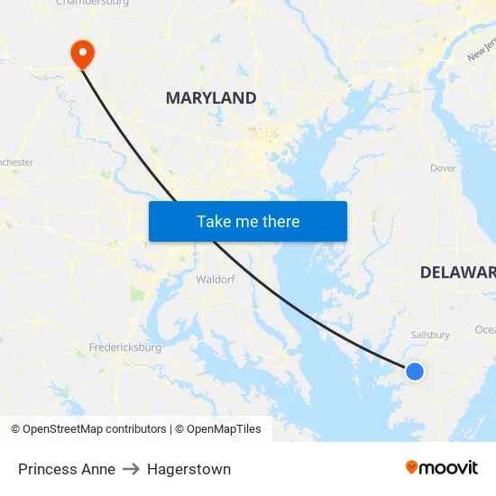 Princess Anne to Hagerstown map