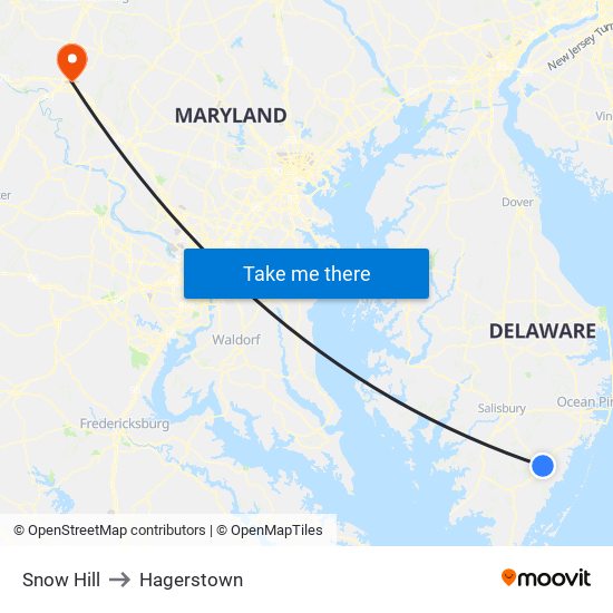 Snow Hill to Hagerstown map