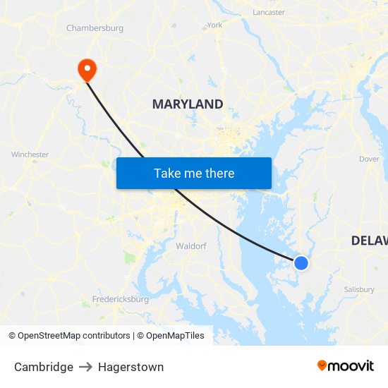 Cambridge to Hagerstown map