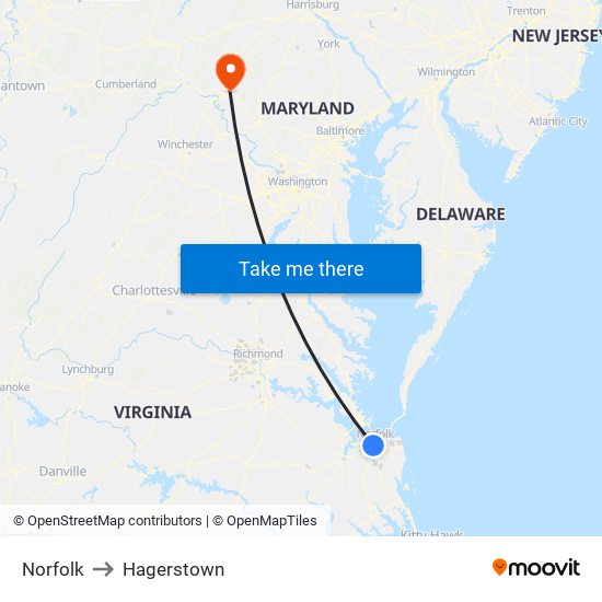 Norfolk to Hagerstown map