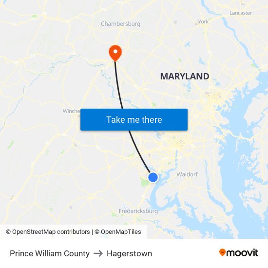 Prince William County to Hagerstown map