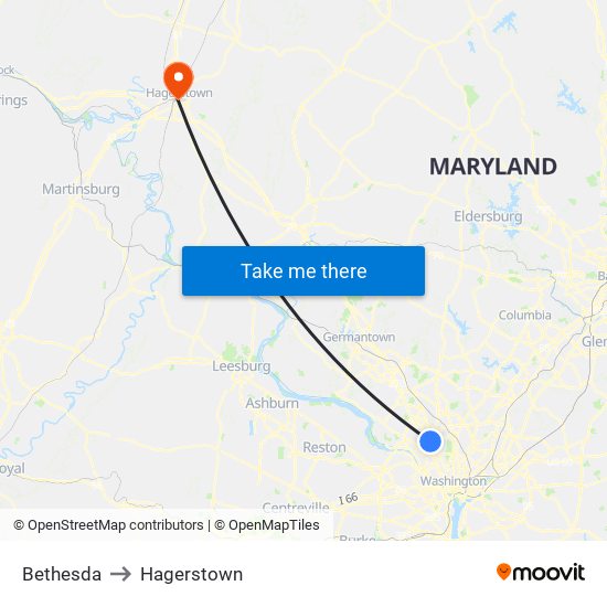 Bethesda to Hagerstown map