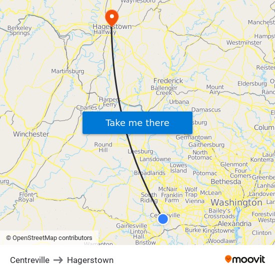 Centreville to Hagerstown map