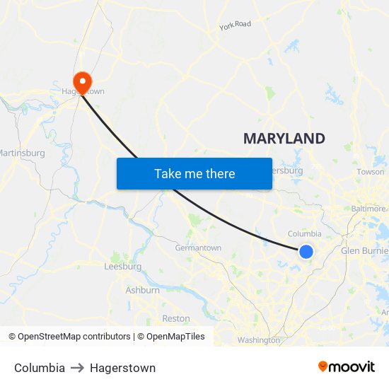 Columbia to Hagerstown map