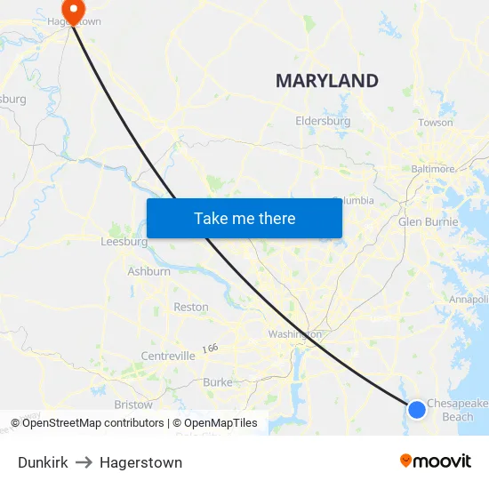 Dunkirk to Hagerstown map