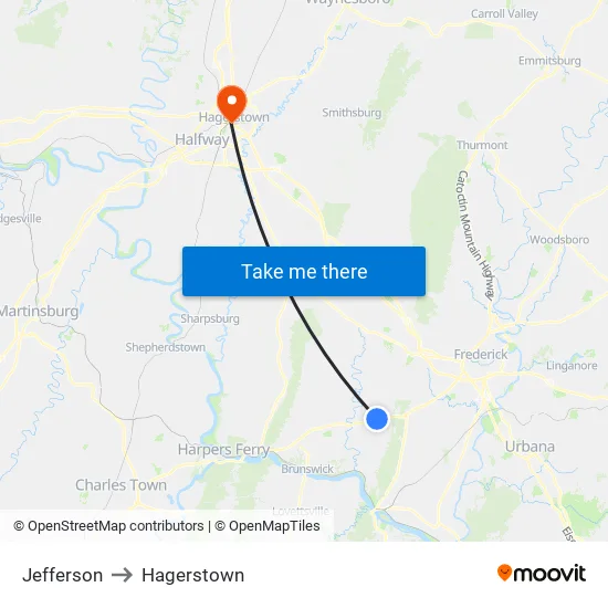 Jefferson to Hagerstown map