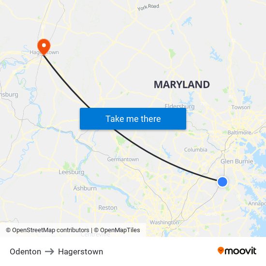 Odenton to Hagerstown map