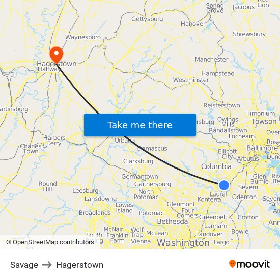 Savage to Hagerstown map