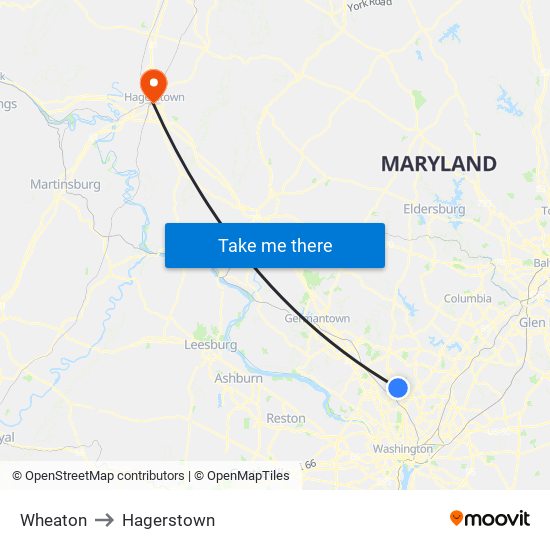 Wheaton to Hagerstown map