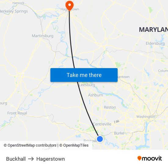 Buckhall to Hagerstown map