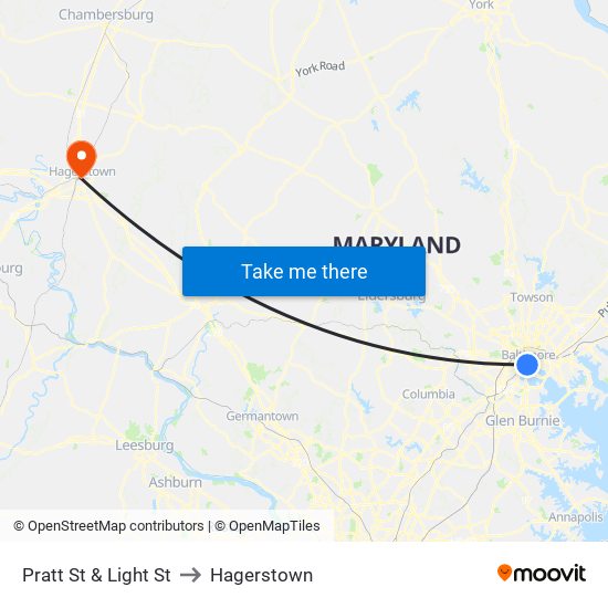 Pratt St & Light St to Hagerstown map