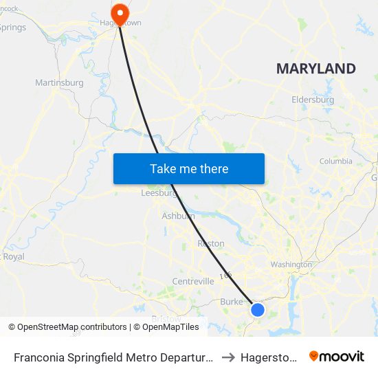 Franconia Springfield Metro Departures to Hagerstown map