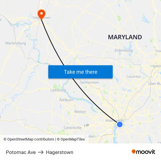 Potomac Ave to Hagerstown map